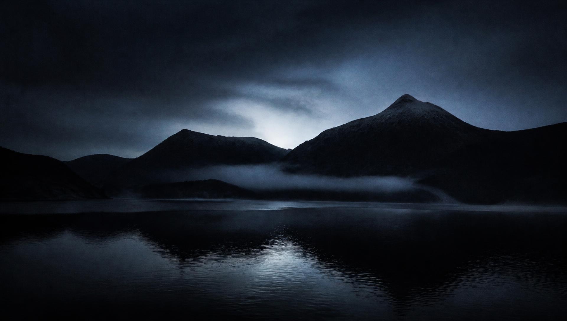 A dark Scottish loch before dawn with mist over black water